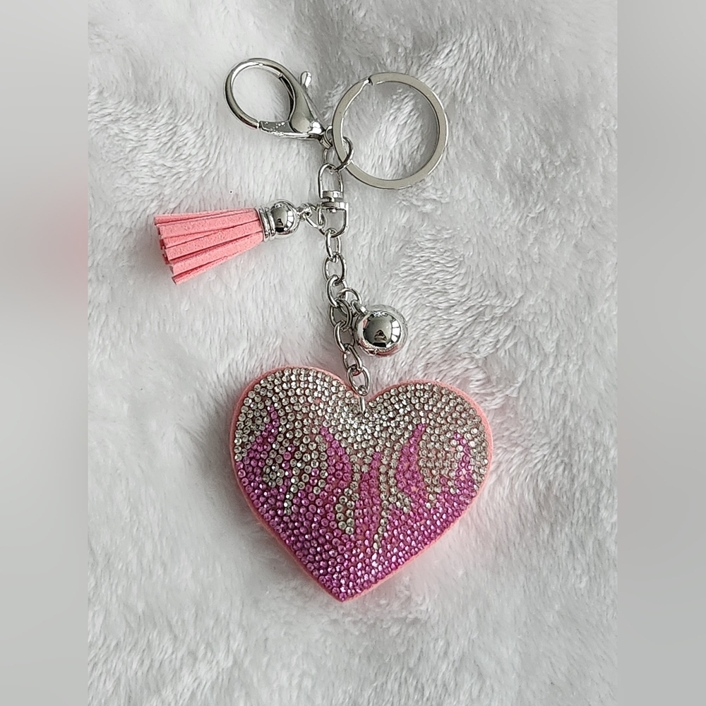 Pink and Silver Flaming Heart Rhinestone Keychain Bag Charm